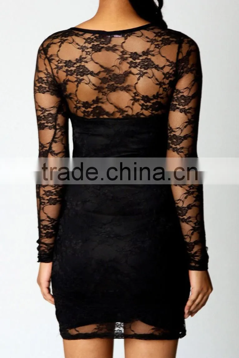 New Fashion Black Sexy Women's Ladies Floral Lace Dress Long Sleeve Bodycon Evening Dress