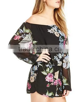 Women Sexy Illusion Ruffle Romper Long Sleeve Short Floral Off The Shoulder playsuit