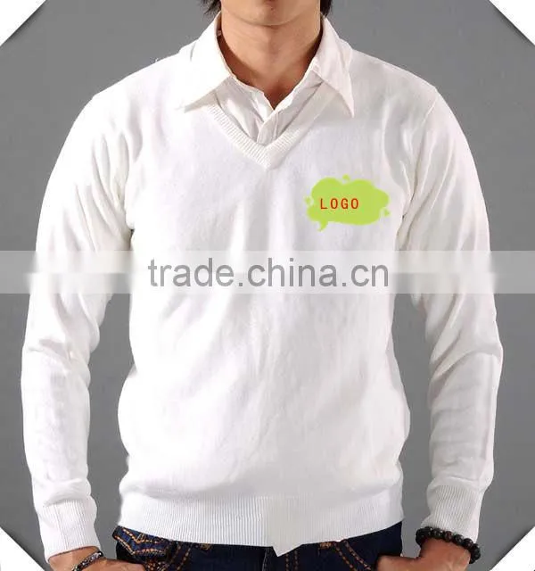 mens v-neck sweater white plain design with your logo embroidered