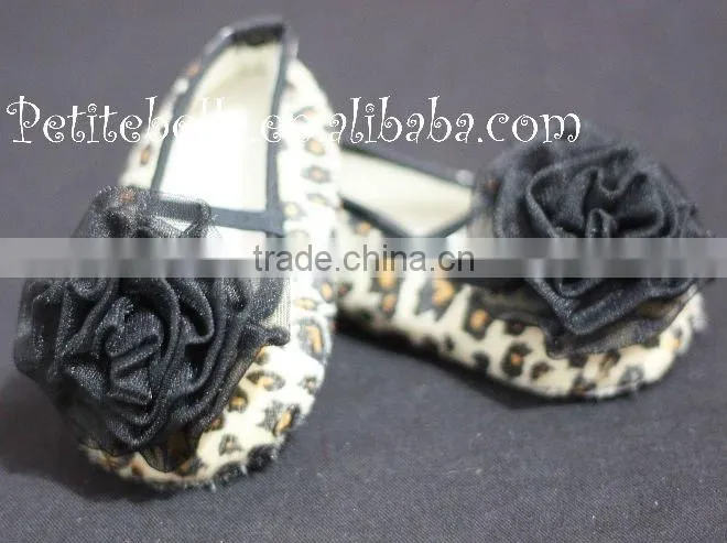 Leopard Print Shoes with Black Rosettes Pettishoes Crib Shoes MAS22