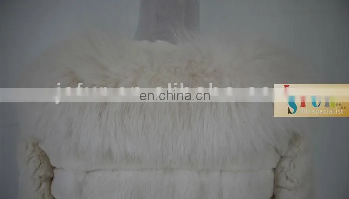 Genuine beige long rabbit fur coat with fox fur collar winter garment