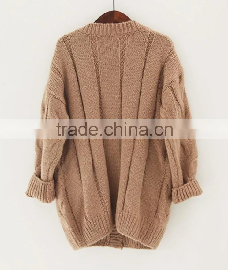 V-neck jacquard knitting wear long sleeve pocket long lady winter thick sweater cardigan