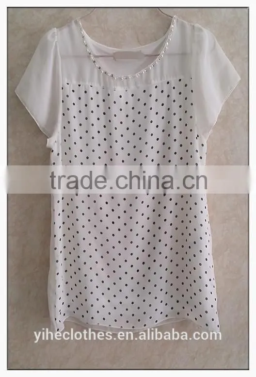 Simple wave point chiffon T-shirt O-neck girls t-shirt