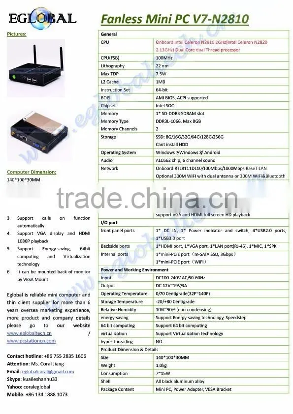 Smallest Mini PC HTPC Baytrail Intel Celeron Dual Core N2810 2GB RAM 16GB SSD laptop computer Car PC