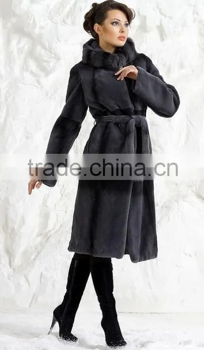 rex14069 knee-length rex rabbit fur coat belt gray