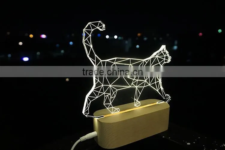 Walking Cat 3D Led Table Lamp with Solid Wooden Base
