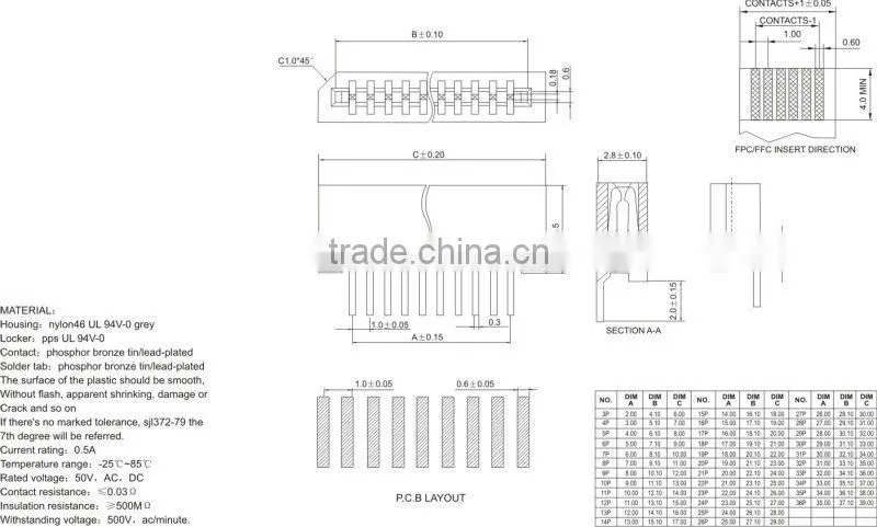 ffc/fpc 1.0mm pitch connector 1.0B-nPWB
