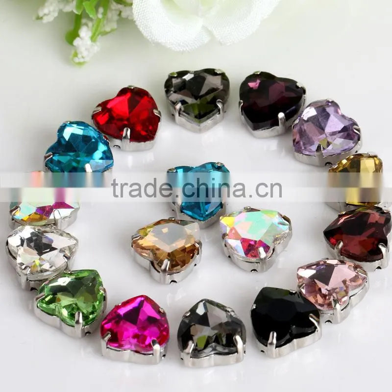 Best selling 14mm blue zircon color heart shape pointback sew on stone with base setting