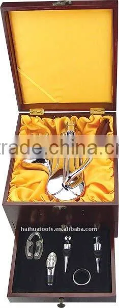 deluxe wine corkscrew with 6 wine accessories in wooden drawer box