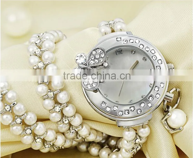 Fashin Alloy Chain Watch 2 Circles Rectangle Pearl Crystal Case Bracelet Luxury ladies Watches