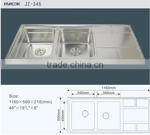 JZ-346 double bowl stainless steel sink with drainboard