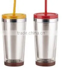 280ml/350ml/450ml stainless steel Inner steel outer plastic double layer cup with straw