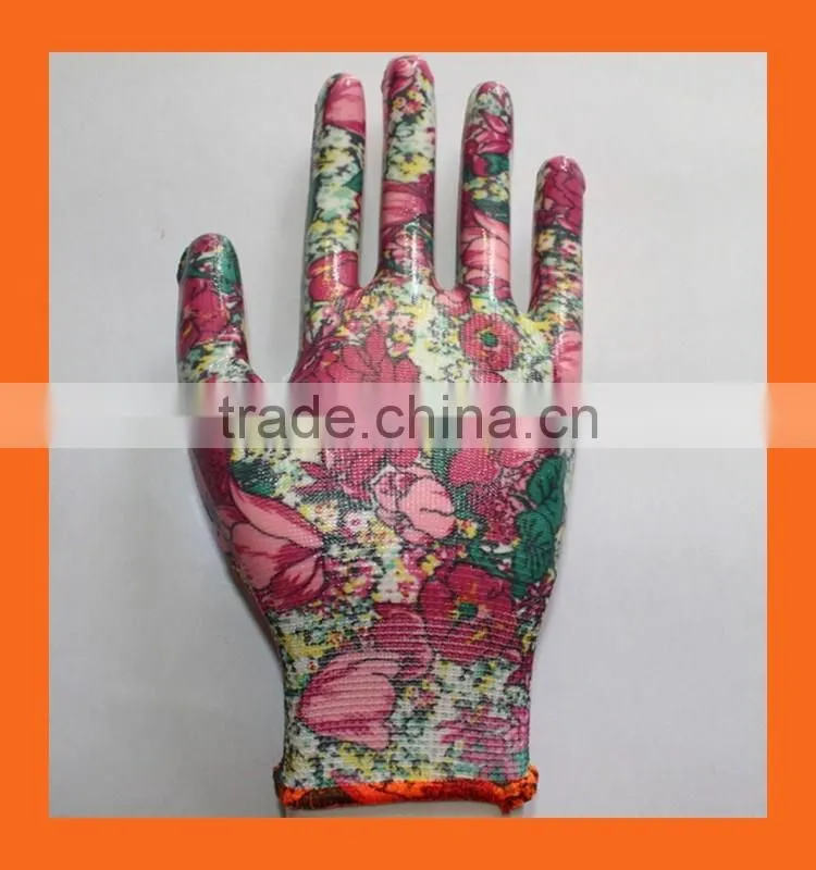 Multi Floral Print Poly Garden Gloves With Clear Nitrile Coating