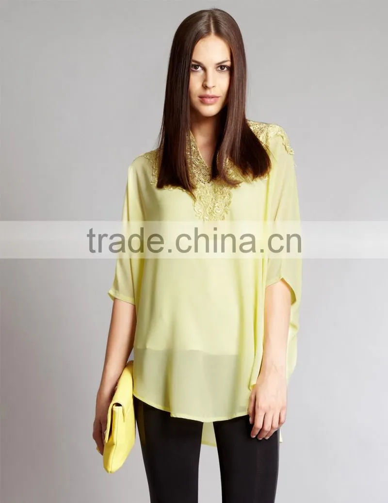 wholesale Embroidered Summer Yellow Tunic Top, fancy top,lady blouse & top