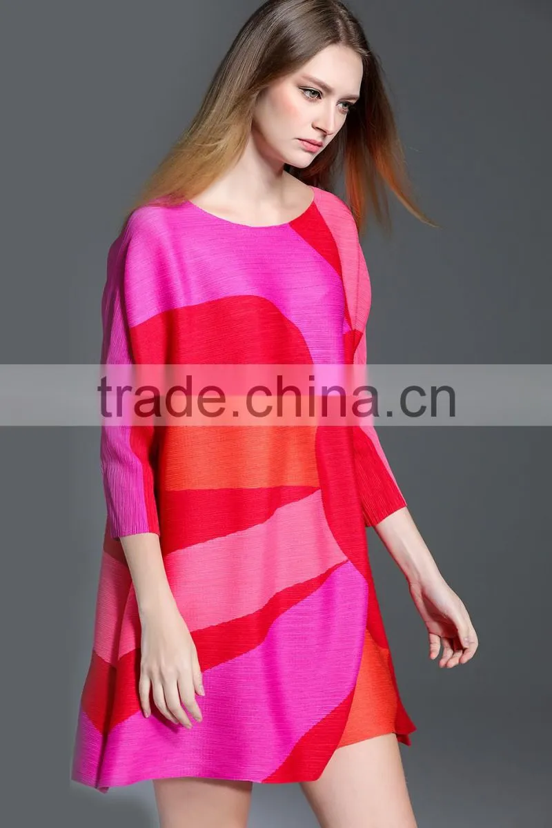 Gored bright color large size women plicated dresses wholesale