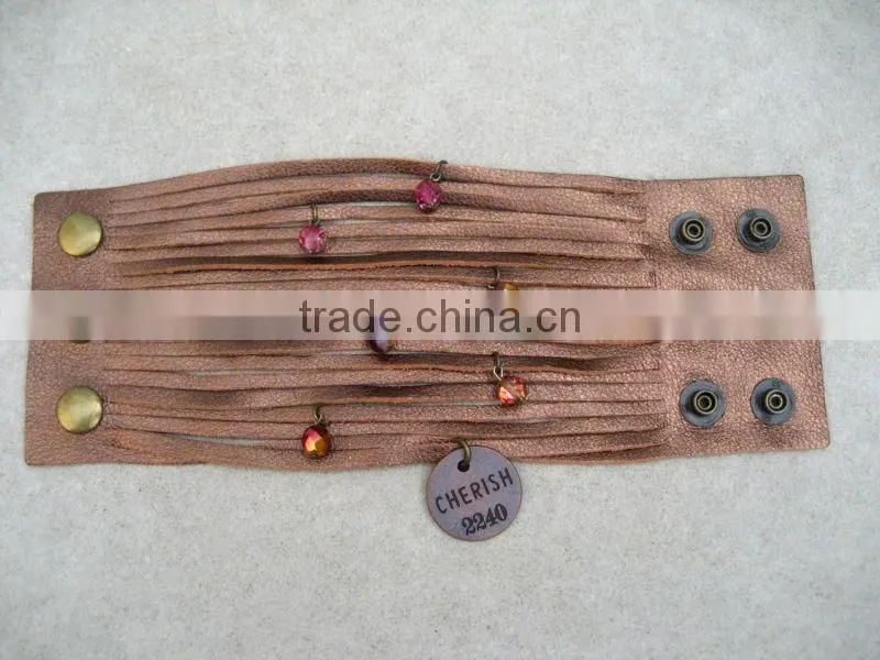 sliced leather bracelet, wide Leather Cuff - crystal Charm Bracelet, Multi Strap Bracelet, wrapped leather bracelet with charms