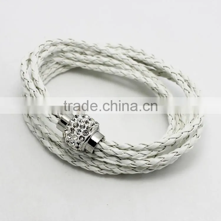 Leather Wrap Wristband Cuff Punk Magnetic Rhinestone Buckle Bracelet Bangle