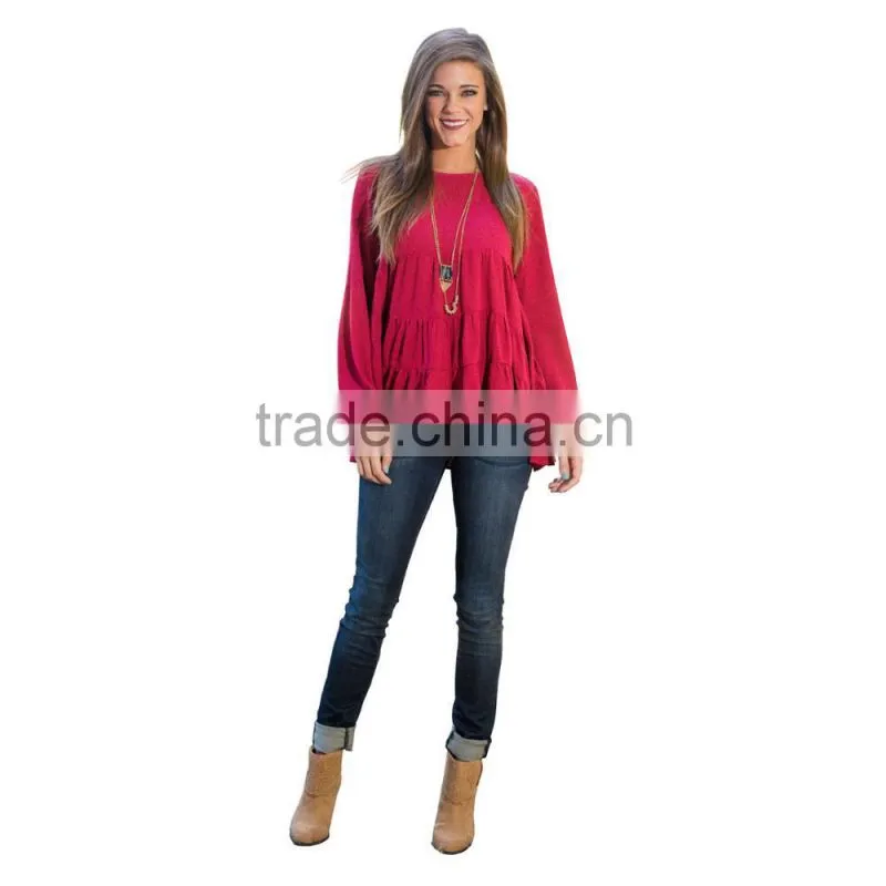Red shirts wholesale women blouse 2017 new designs long sleeve blouse