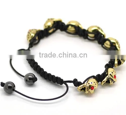 Red Rhinestone Halloween Skull Beads & Hematite Beads & Black Braiding Adjustable Bracelet