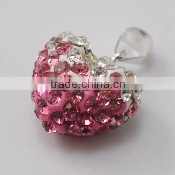 fashion jewelry gift Shamballa Pendant Wholesale Heart Shape New Arrival 15MM Pink Crystal Clay Pendant For DIY Jewelry