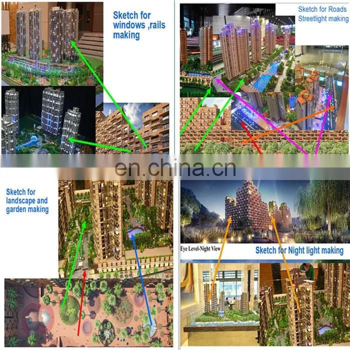 3d physical model architecture with model trees , cars and furniture
