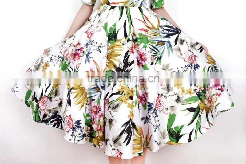 new midi half sleeve boat neckline peony printed cotton flared vintage dress 50s