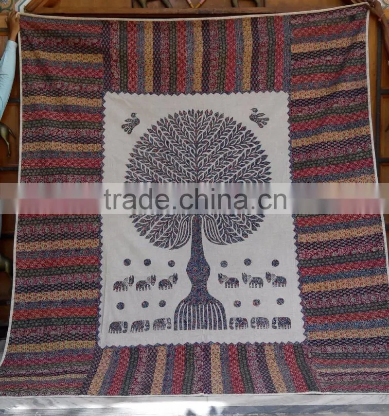 Beautiful jaipuri hand block printed hand embroidered bed cover with kantha work