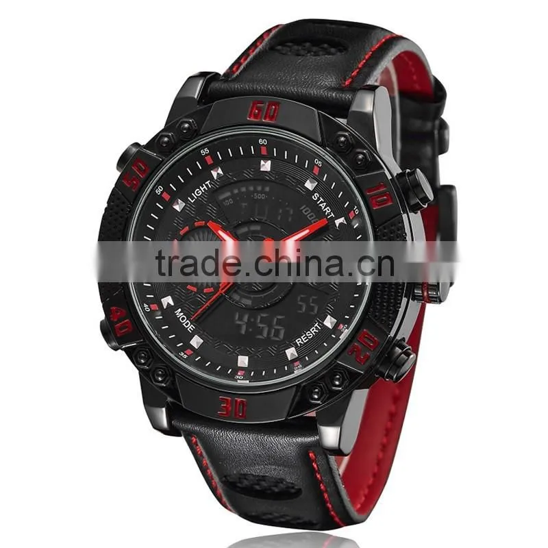 WJ-5446 genuine leather strap IP plating high quality double show Ohsen waterproof men sport watch