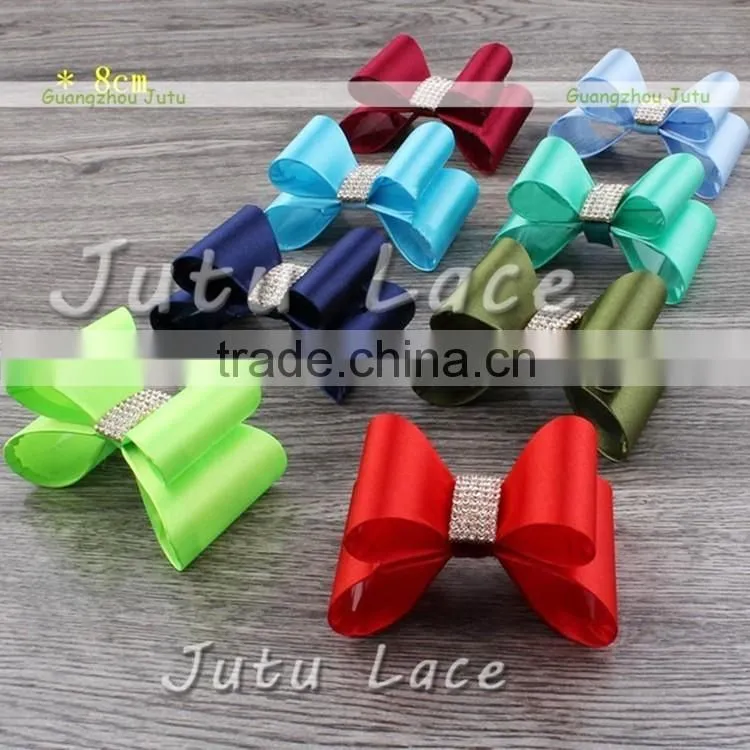 Satin bow with crystal rhinestone center - sequin fabric hair bowknot - DIY kids hair accessories flower bows