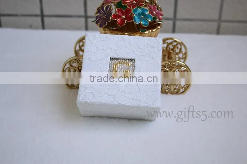 Elegant white wedding jewelry gift boxes with beaded name plate of G