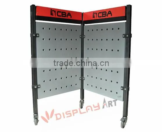 Double side wall display fixture with wheel