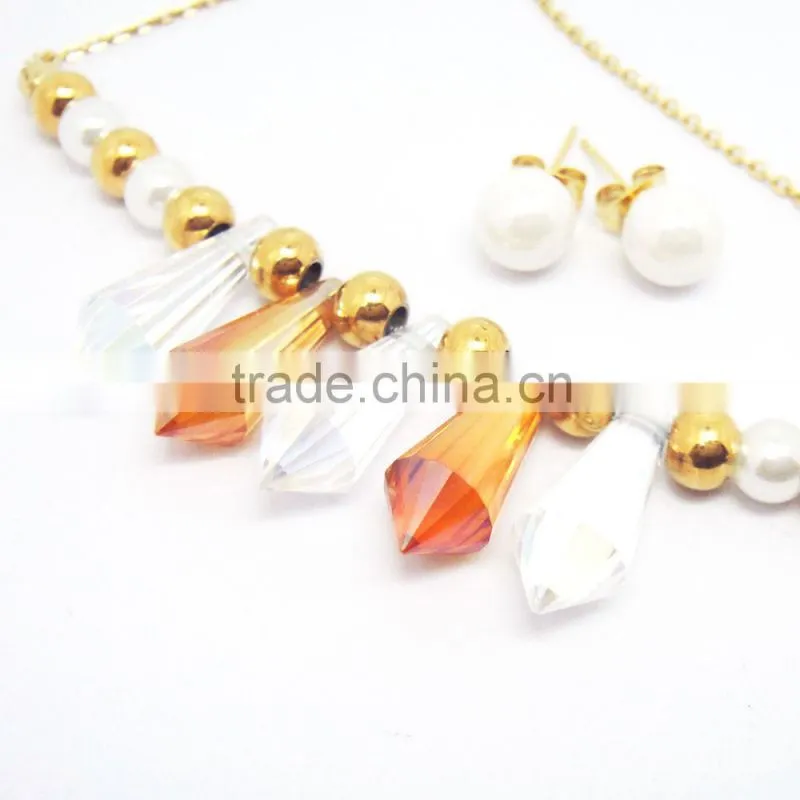 Stainless steel gold bead multi colored crystal statement necklace