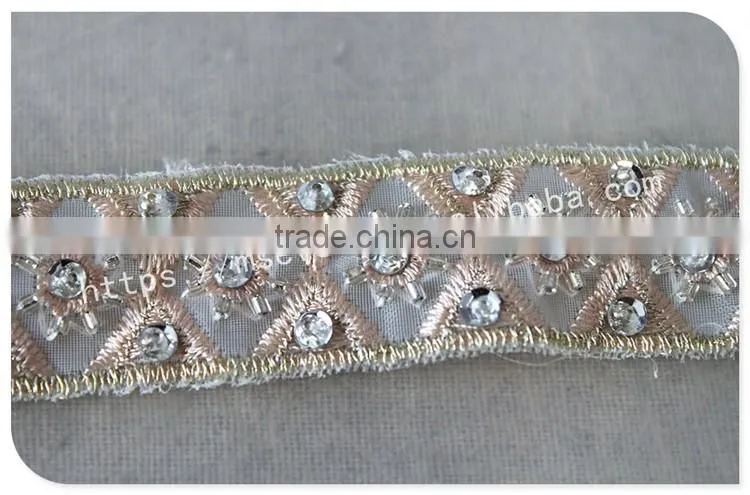 Elegant design 2.5cm width champagne crystal trim bridal embrodiery