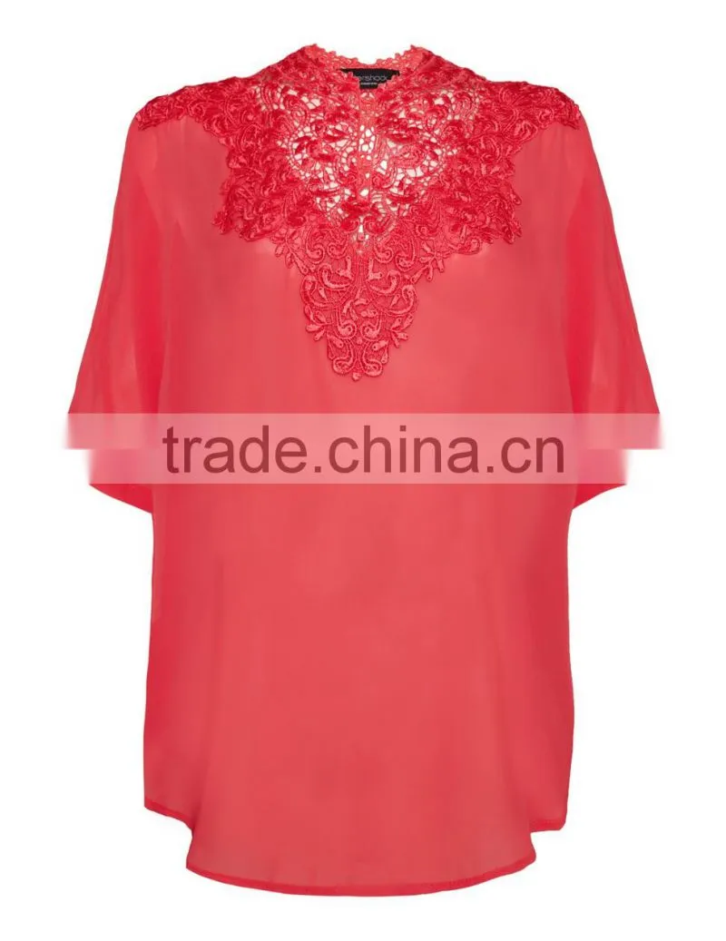 ladies tunic top wholesale, large lace decoration woman top,chiffon top