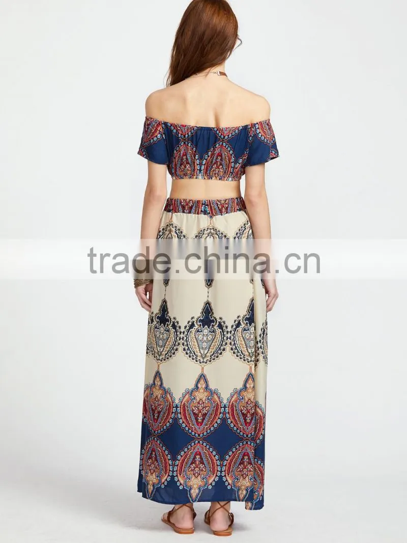 Vintage print off the shoulder crop top with skirt boho clothing top and long skirt set