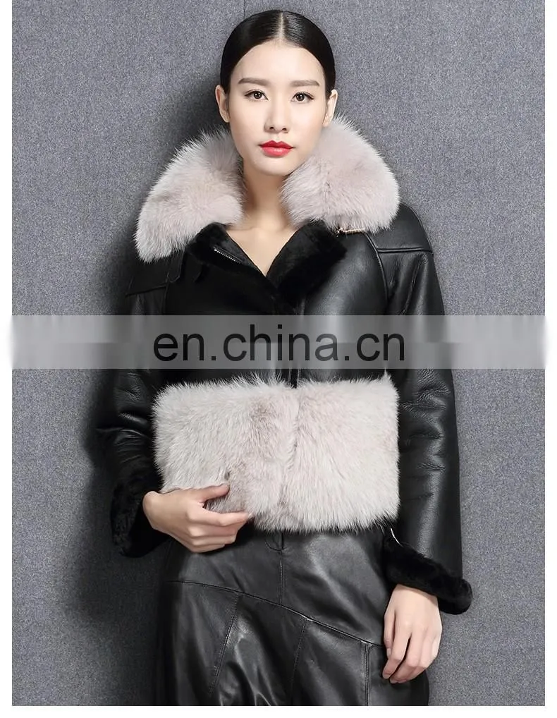Korean Style High Quality Clothing Winter Women Leather Jacket with Fox Fur Collar