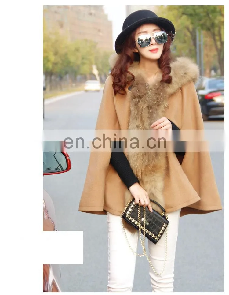 Great Quality Wool Shawl Coat Genuine Raccoon Fur Cape with Fur Hood