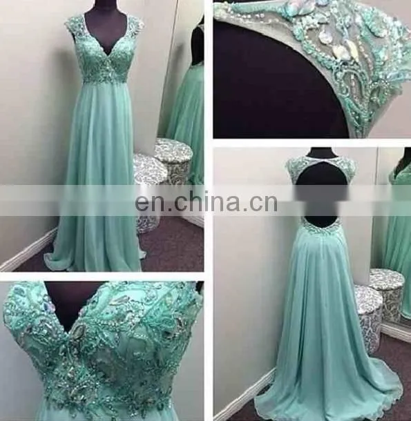 Sparkly Beaded Rhinestones Lime Green Sexy V-neck Open Back Backless Prom Dress 2016 J17