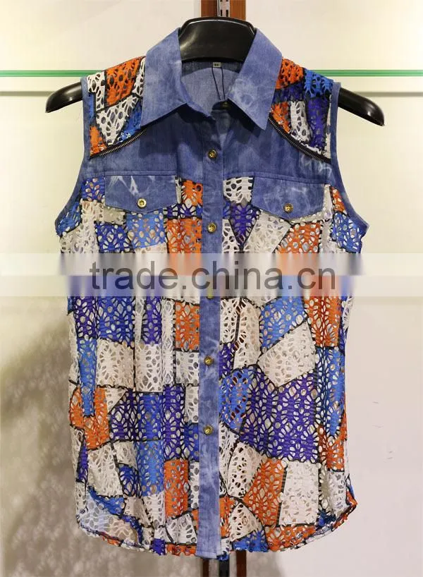 Hollowed-out sleeveless tops with colorful tetragonum for women