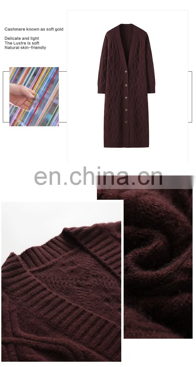 New Arrival Winter Women's X-Long Cardigan Pure Cashmere Chunky Knit Sweater Button Decoration V-Neck Collar Streetwear Style