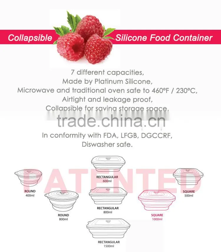 1000ml 100%Silicone food container, Take away vacuum lunch box, Foldable, Non-stick, BPA FREE,, FDA, LFGB,