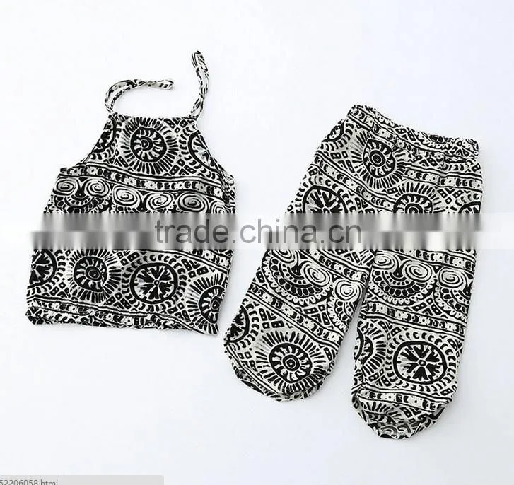 Summer Children Girl Clothes Set China Blue And White Strapless 2pcs Clothing Sets