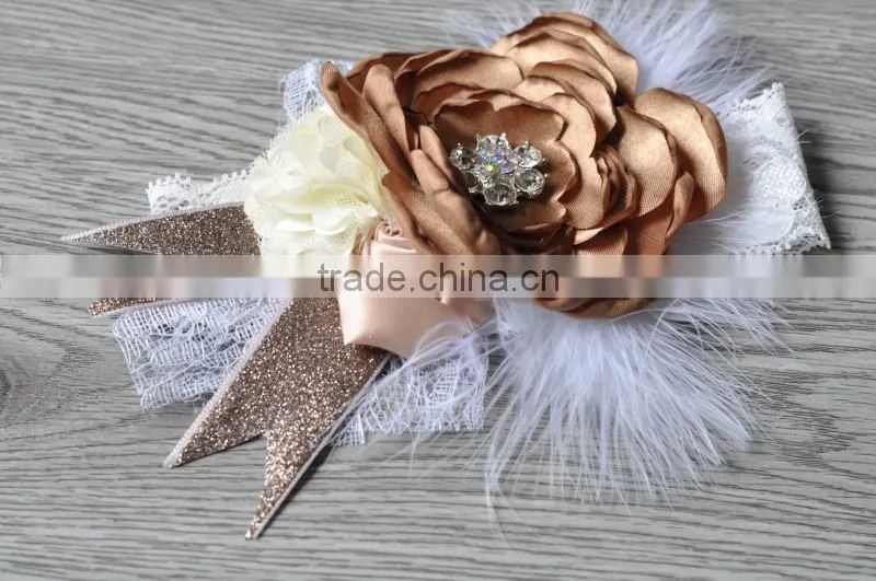 factory hot sale stain chiffon rosette flower girls headwear handmade lace elastic headbands for kids