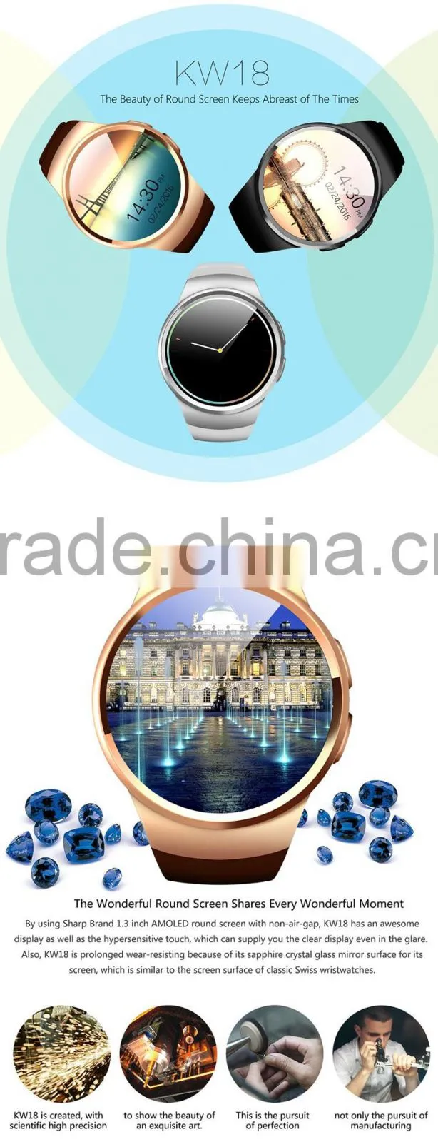 KW18 1.3 Inch TFT IPS LCD HD Bluetooth 4.0 smartphone watch with Android and IOS OS support