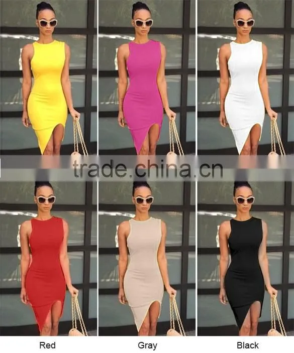 Sexy Women O-Neck Sleeveless Asymmetric Hem Solid Slim Bodycon Split Casual Dress