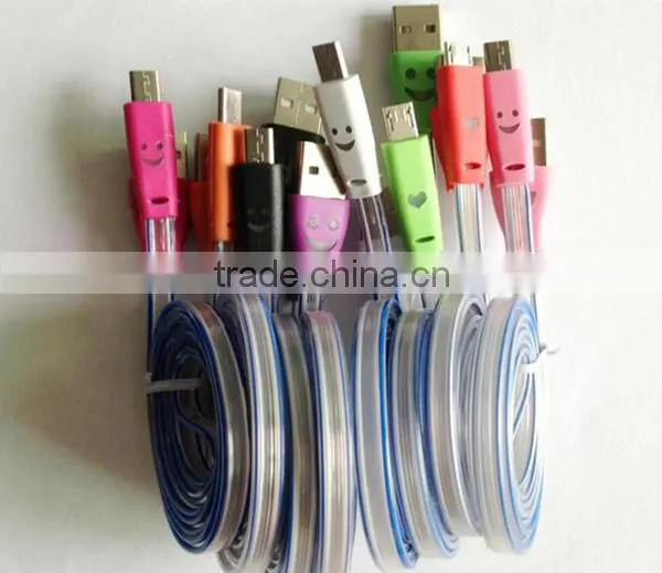 Noodle Flat Smile Face Micro USB Charger Cable with LED Light for Smartphone