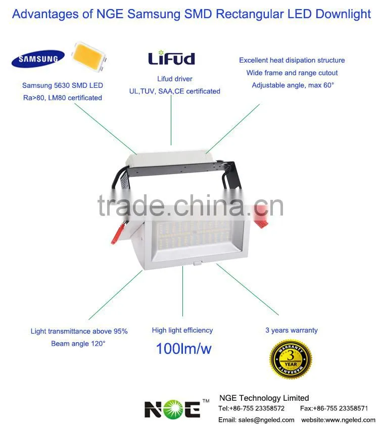 5 years warranty adjustable downlight 60w rectangular downlight 100lm/w