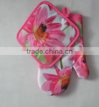 bright green color photo printing polyester (twill) 25g pot holder 55g glove kitchen set