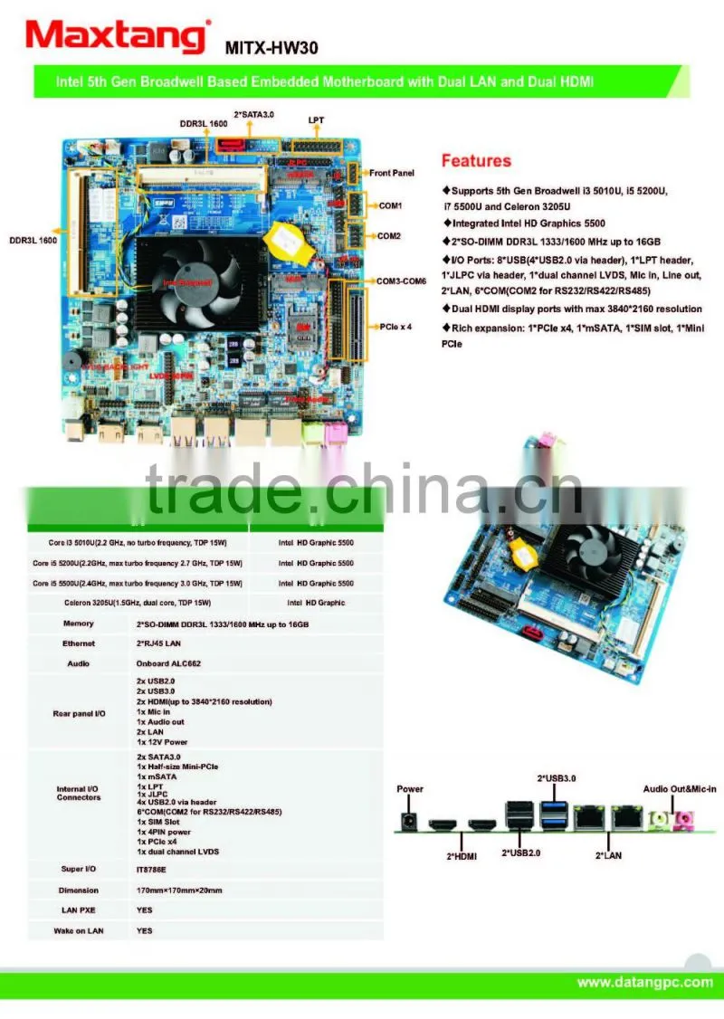 newly arrived the 5th Gen Broadwell mini motherboard with I3-5010U I5-5200 I7-5500U 1 LPT Port support dual channel LVDS