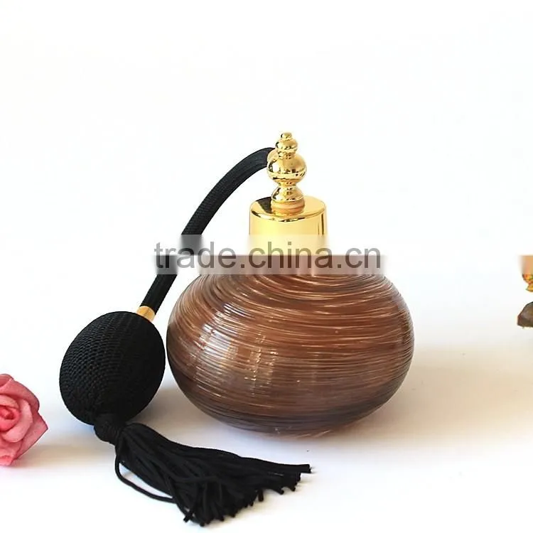 High Style Handmade Brown Stripe Ellipse Glass Perfume Bottle With Gasbag Sprayer Pump
